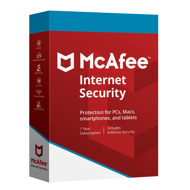 McAfee Internet Security box art for 5 PCs, 2-Year Subscription